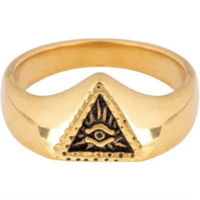 טבעת צ'רמינס זהב חלקה ורחבה עם דוגמת עין משולשת במרכז